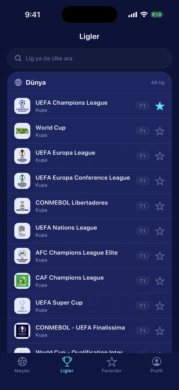 Leagues screen: search box and international tournaments